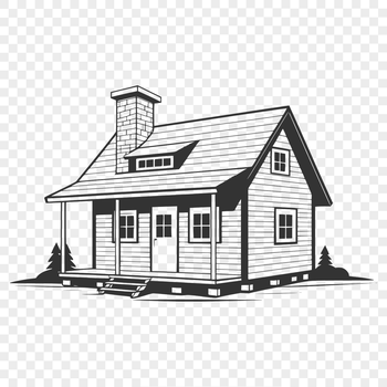 A detailed 2D representation of a rustic wooden cabin with a sloping roof and decorative trim.