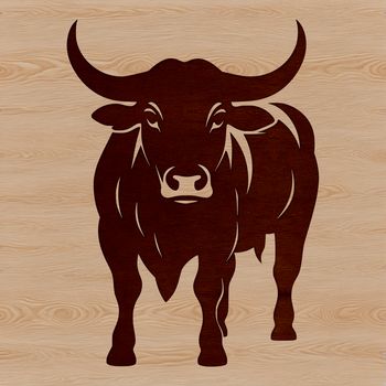 A cartoon illustration of a brown cow grazing in a green meadow.