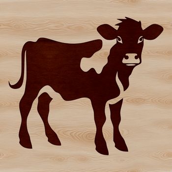 A simple illustration of a young calf standing in a green pasture.