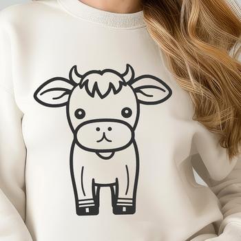 A simple line drawing of a cow in a farm setting.