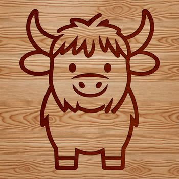 An illustration of a standing Highland cow in a rural landscape.