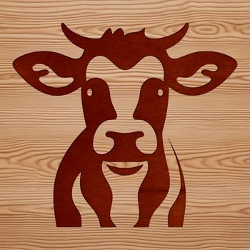 An illustration of a cow's head with prominent features and farm animal characteristics.