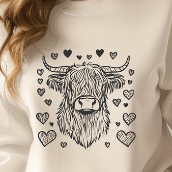 A Scottish Highlands farm animal, the Highland Cow, depicted with love hearts on its head.