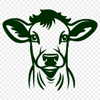 A graphic illustration of a cow's head with detailed features.