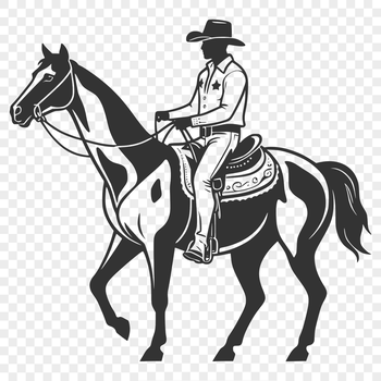 Illustrated cowboy standing on horseback in the wild west.