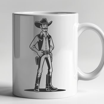A digital illustration of a classic cowboy with a hat and boots.