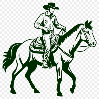 A graphic illustration of a rugged cowboy riding a horse.