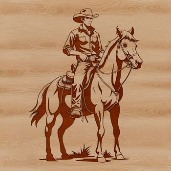 A rugged cowboy riding a horse through an open plain.