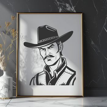 A vector graphic image featuring a cowboy character in a bold, iconic design.