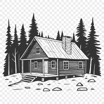 A detailed, hand-drawn illustration of a rustic cabin in a serene woodland setting.