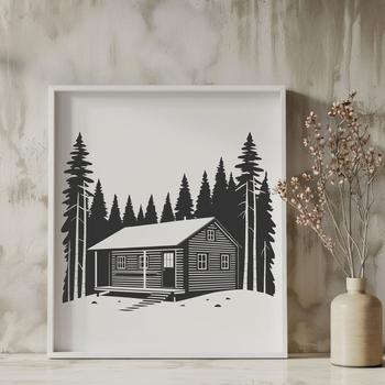 Illustration of a rustic cabin with a wooden exterior and chimney.
