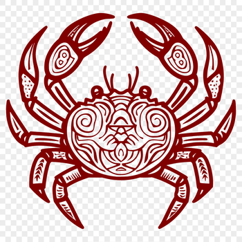 A detailed, full-body illustration of a crab in ornate style.