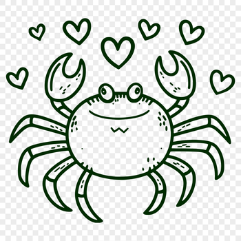 A full-body illustration of a crab with love hearts integrated into its design.