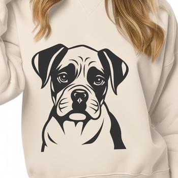 A vector graphic design of a Boxer breed dog's face with sharp lines and colors.
