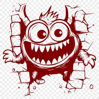 A cute monster character smashing through a wall, ideal for Halloween decorations or craft projects.