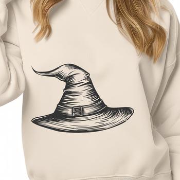 A black silhouette witch with a pointed hat standing in front of a full moon, surrounded by autumn leaves.