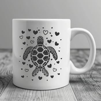 An illustration of a sea turtle, a marine animal found in the ocean, with stylized hearts surrounding its body.