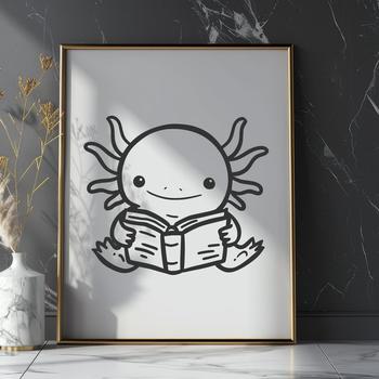 A simple line drawing of a cute Axolotl with full body features, reading a book.