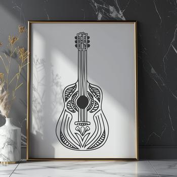 A detailed ornate guitar design with strings and frets, suitable for music enthusiasts and vector art.