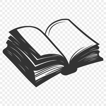 A 2D illustration of a classic novel-style book with pages and binding.