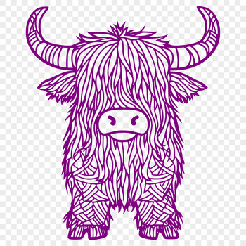 A highland cow standing in a field, depicted as a vector graphic for use in various design projects.