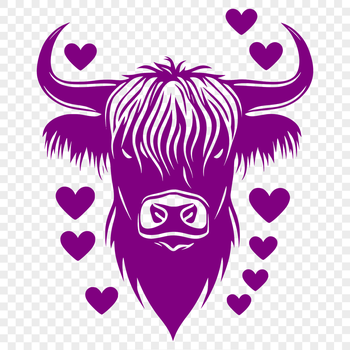 A vector design featuring a Highland cow farm animal with heart graphics on its face.
