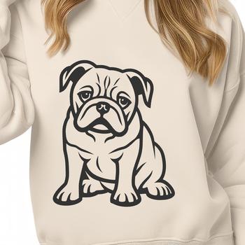 A full-body illustration of a bulldog sitting on its haunches, suitable for vector art and commercial or personal use.