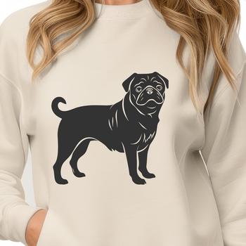 A full-body illustration of a pug standing on its hind legs.