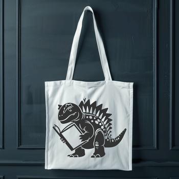 A prehistoric dinosaur stands in full body pose, holding an open book in one clawed hand.