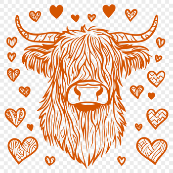 A vector illustration of a Scottish Highland cow with love hearts adorning its head, suitable for digital designs.