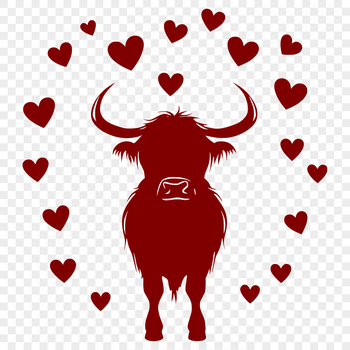 A detailed vector drawing of a highland cow farm animal with heart motifs, suitable for various design applications.