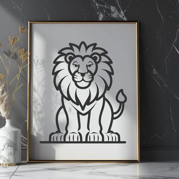 A simple line drawing of a sitting lion, its majestic body depicted in a stylized, vector format.