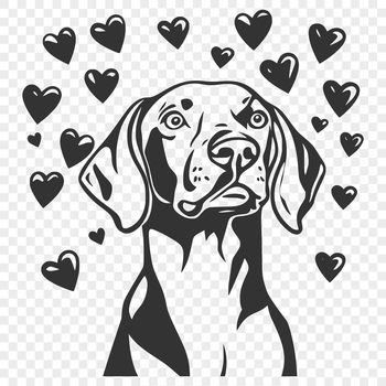 A vector illustration of a Weimaraner breed dog with heart motifs.