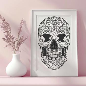 A stylized illustration of a human skull with intricate details, suitable for tattoo design or vector art projects.