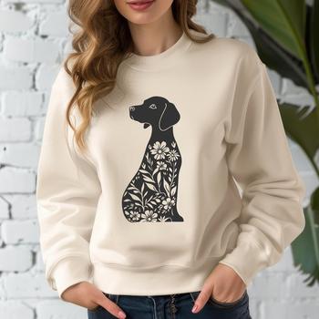 A vector illustration of a sitting Weimaraner dog in a floral setting.