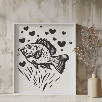 An illustration of a Crappie fish with love hearts surrounding it.