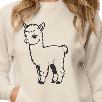 An illustration of a standing alpaca with a neutral expression.