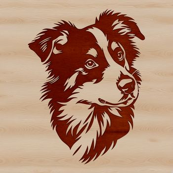 A depiction of a friendly-looking Australian Shepherd dog with its head tilted slightly to one side.