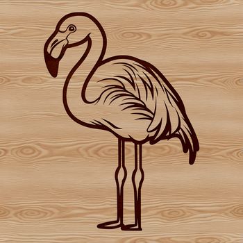Close-up illustration of a flamingo standing on one leg, featuring vibrant pink plumage and long neck.