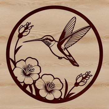 A vector graphic representation of a hummingbird bird perched on a branch amidst blooming flowers.