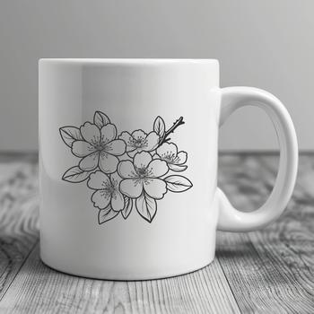 Vector artwork featuring a single blooming sakura tree branch with delicate pink flowers and green leaves.