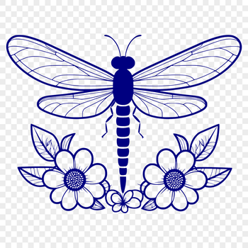 A colorful dragonfly illustration featuring delicate floral patterns in its wings and body.