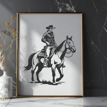 Illustrated cowboy character on horseback in a western setting.
