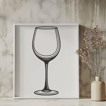 A stylized illustration of a glass of red wine in a formal setting.