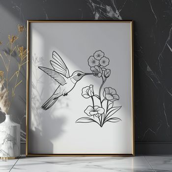 A vibrant illustration of a hummingbird in mid-air, surrounded by floral elements.