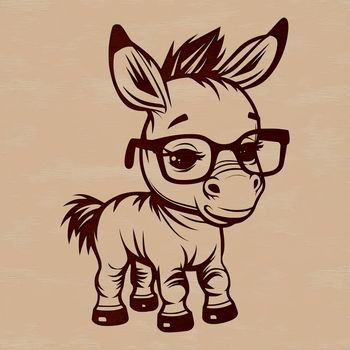 A donkey standing with glasses on its head.