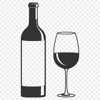 A wine bottle sitting on a table with a glass next to it, as part of a vector design.