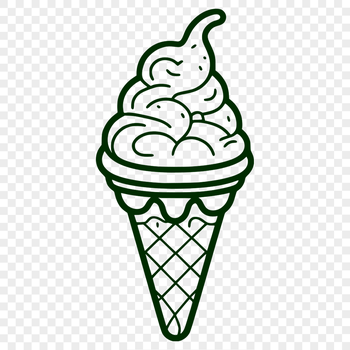 A colorful illustration of a scooped ice cream cone with a variety of toppings.