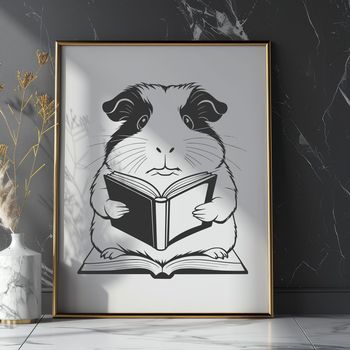 A cartoon guinea pig character sitting on its hind legs and holding a book in front of it.