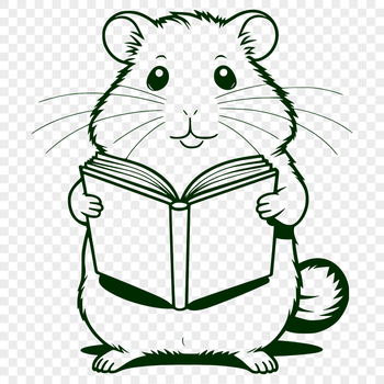 A cartoon-style illustration of a hamster holding a book, suitable for use in various designs and projects.